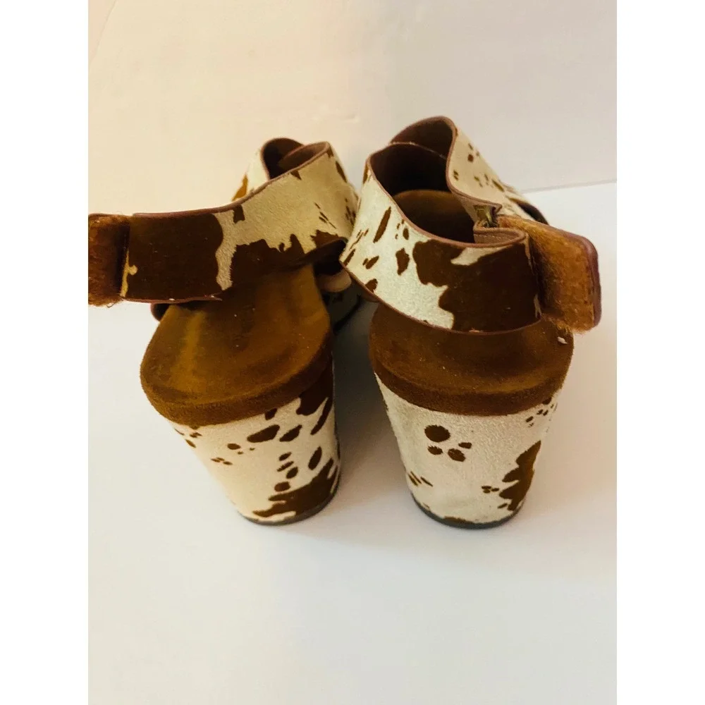 Pierre Dumas Cow Print Platform Wedge Sandals Brown White Slingback 8.5M 751214